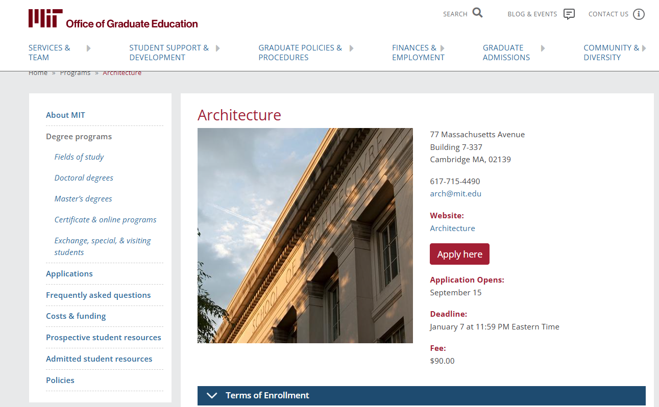 MIT applying website view