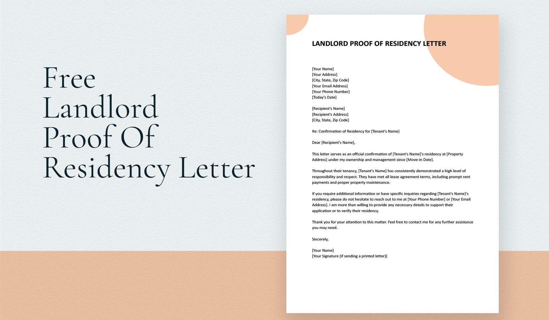 Landlord proof of residency letter template confirming tenant's residency and good standing, with contact details placeholders. Simple design with orange accents.